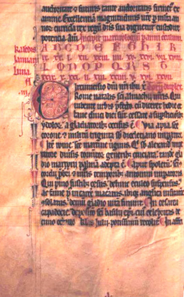 Erste Seite von Usuards Martyrologium, spätes 13. / frühes 14. Jahrhundert, aus der Sammlung Unterlinden, in der Bibliotheque de la Ville in Colmar
