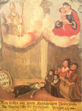 Votivtafel, 1843 aus der Wallfahrtskirche Mariahilf in Passau. Neben Bischof Valentin erscheint die Muttergottes mit dem Jesuskind auf dem Arm in einem Wolkenkranz. Im Text wird „um einen Andächtigen Vaterunser An Maria vier (= für) die Hinfalende Person” gebeten.