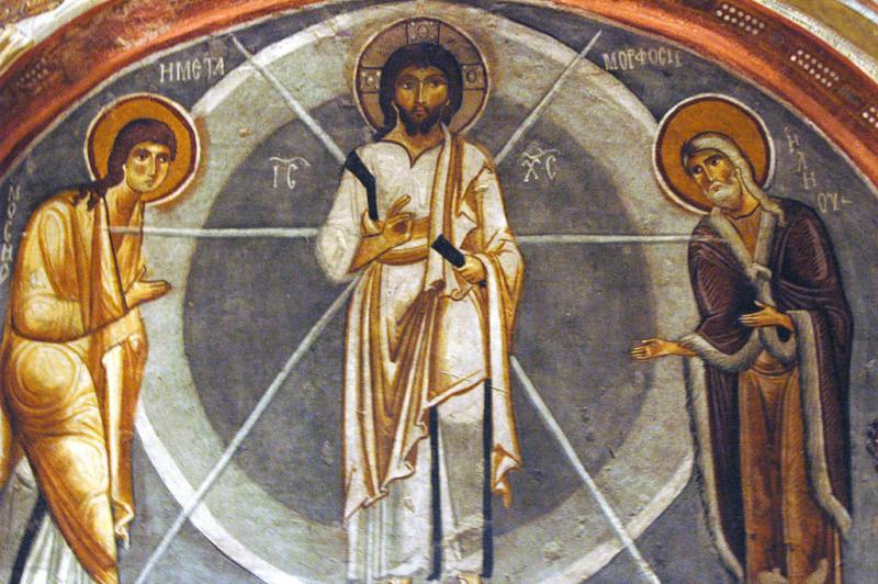 Gemälde: Verklärung Jesu, links Mose, rechts Elia, in der Karanlık-Kirche im Freilicht-Kirchenmuseum in Göreme