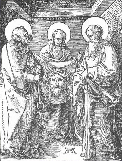 Albrecht Dürer: Schweißtuch der Veronika - mit Petrus (links) und Paulus (rechts). Aus der 'kleinen Passionsgeschichte', Holzschnitt von 1511, im British Museum in London