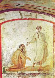 Fresko: Jesus heilt die Frau, die am Blutfluss leidet, in der Petrus- und Marcellinus-Katakombe in Rom