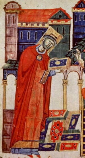Buchmalerei (Codex Vaticanus Latinus 1202, folio 2r): Desiderius von Montecassino, der spätere Papst Victor III., 11. Jahrhundert