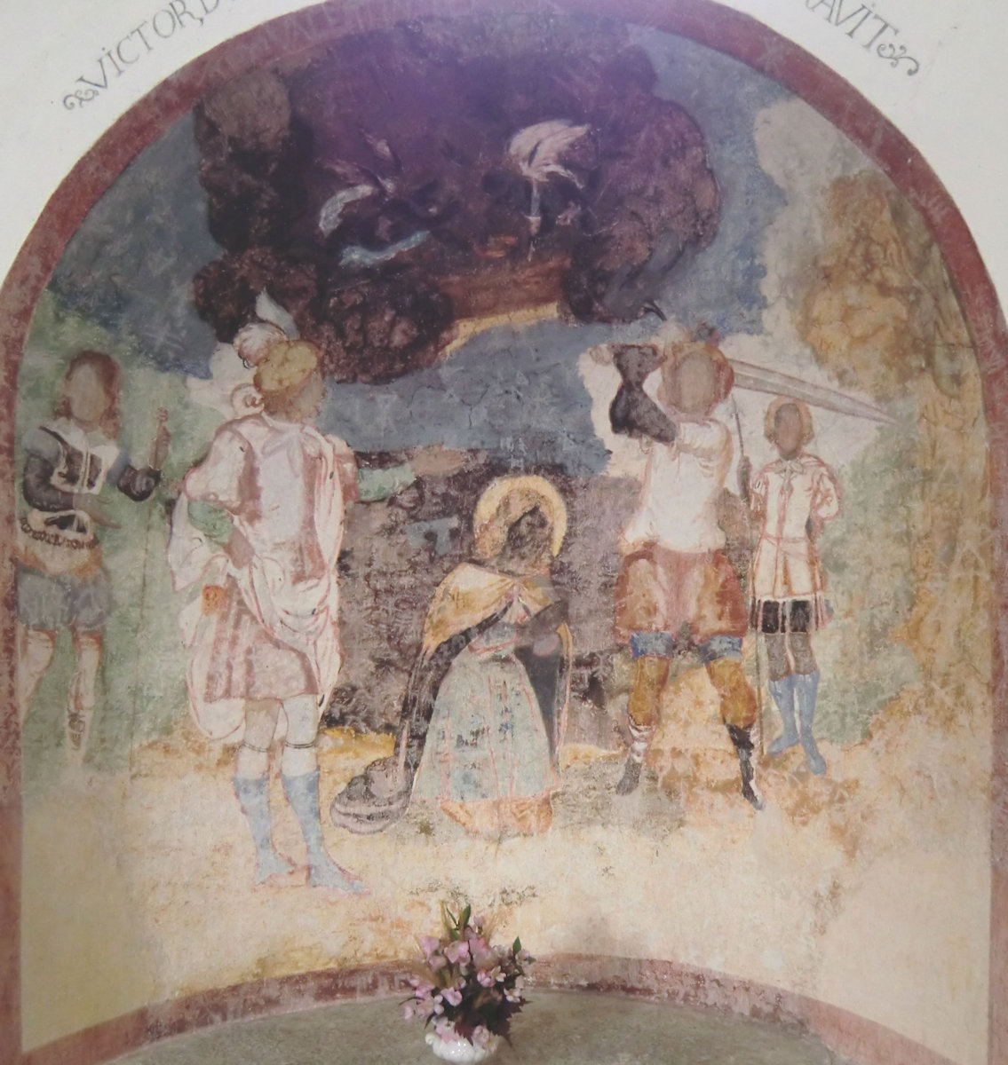Victors Rettung durch einen Engel, nachdem er von einer Brücke stürzte, Fresko in der Placiduskirche in Disentis