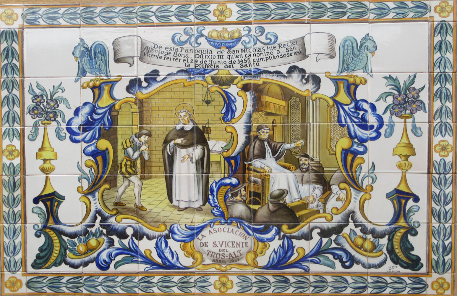 Azulejo: Papst Calistus III., der gemäß Vinzenz' Prophezeihung Papst wurde, spricht Vinzenz heilig, an der Kirche San Nicolás in Valencia