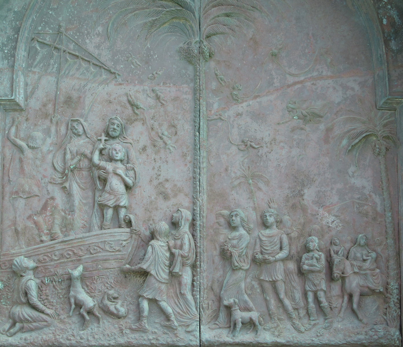 Bronzerelief: Veit und seine Gefährten besteigen das Boot zur Flucht, an der Tür der Kirche San Vito a Mare in Mazara del Vallo