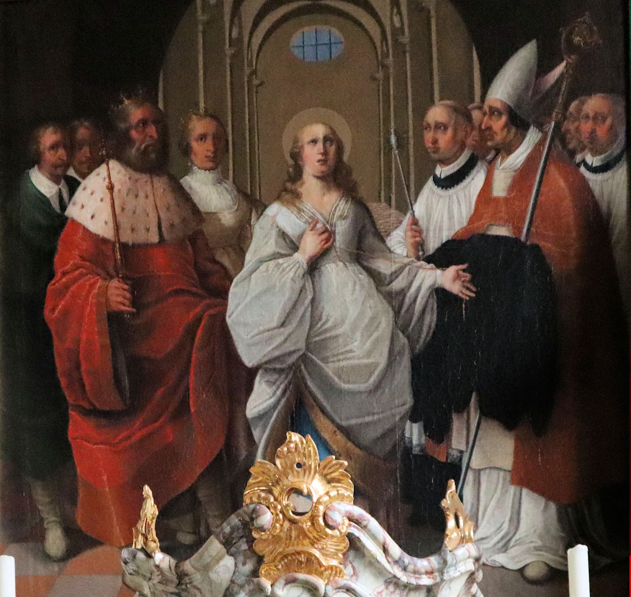 Altarbild: Walburgas Einkleidung durch Bonifatius im Beisein von Richard und Wunna (links) und Willibald und Wunibald(rechts), wohl um 1720, in der Pfarrkirche Mariä Himmelfahrt in Chammünster