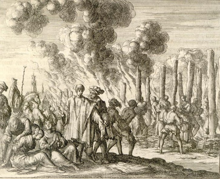 Jan Luiken: Kupferstich: Verbrennung von etwa 80 Waldensern in Straßburg im Jahr 1215. In: Martelaers Spiegel (Märtyrer-Spiegel), Amsterdam 1665