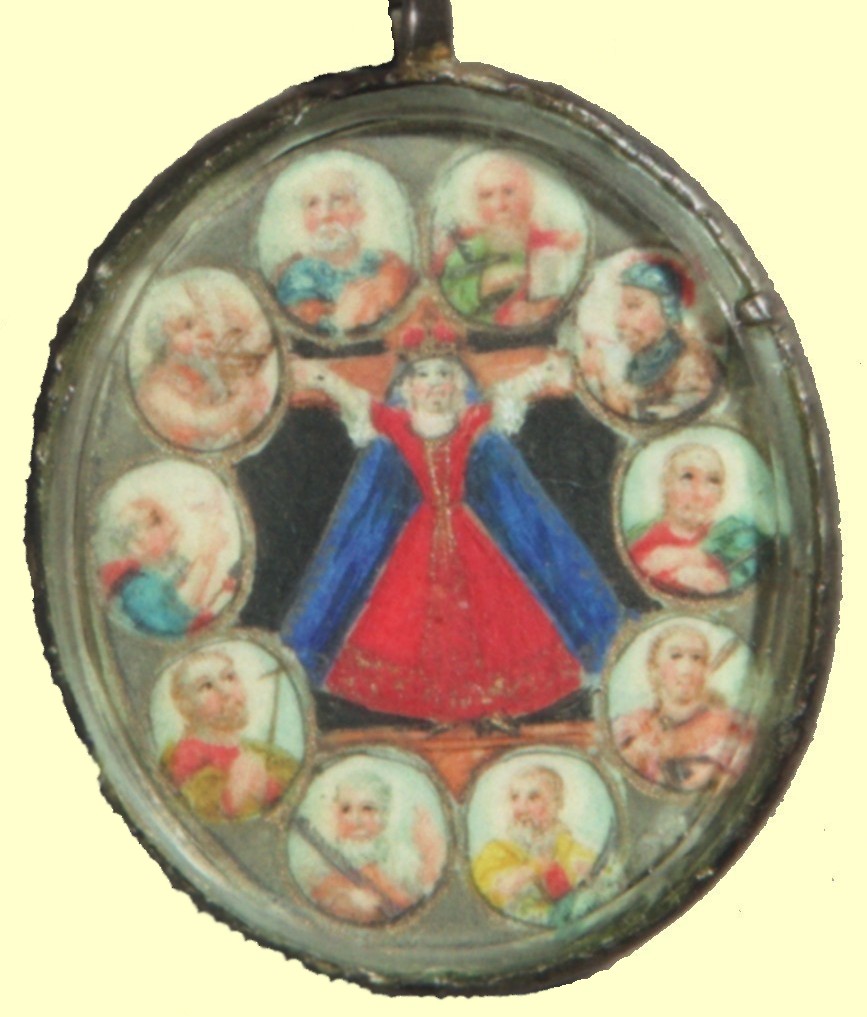 Schmuckanhänger aus Süddeutschland: Wilgefortis mit Heiligen, 18. Jahrhundert, Privatbesitz