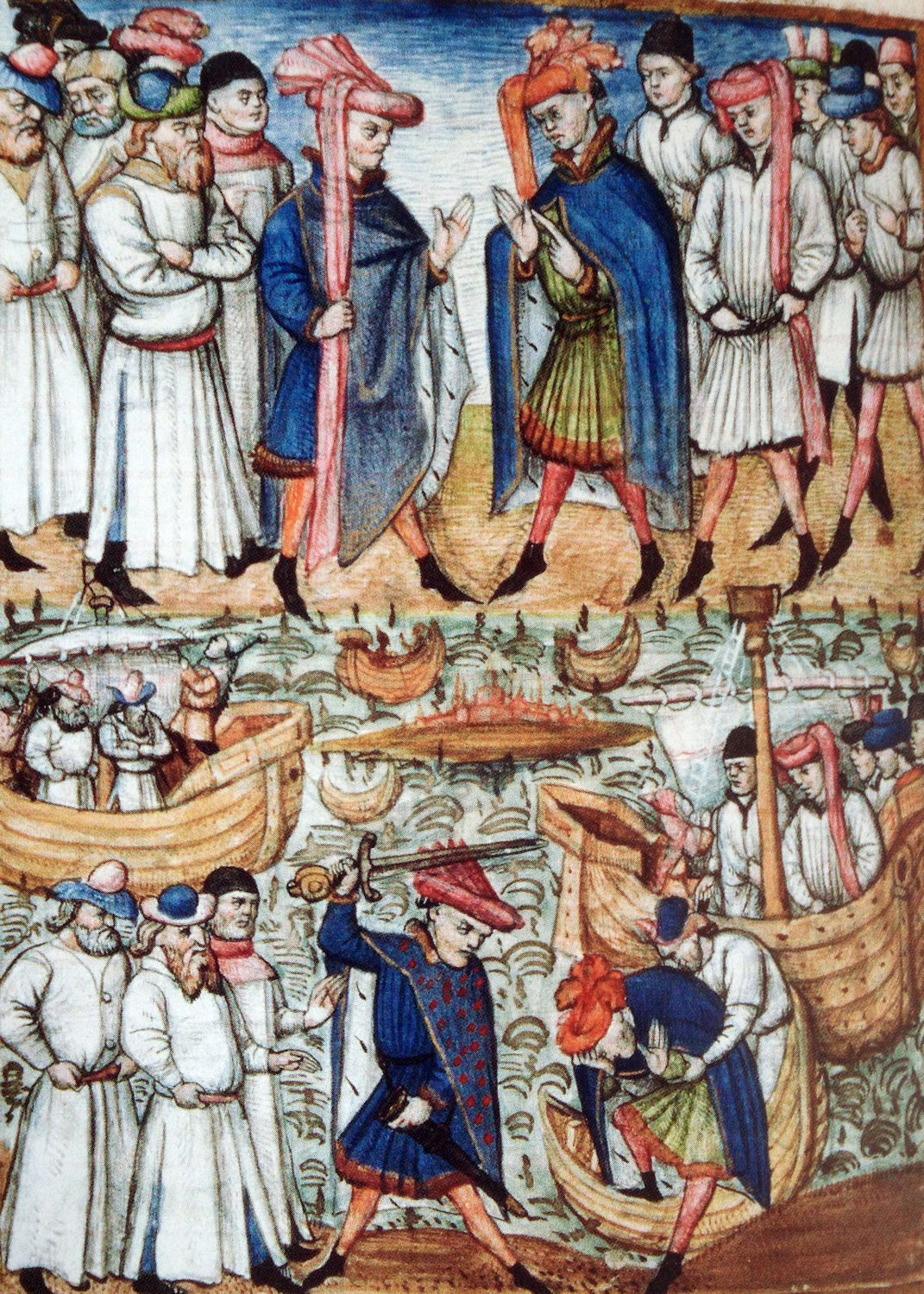 Miniatur: Wilhelm trifft Arnulf von Flandern und Wilhelms Martyrium, 15. Jahrhundert