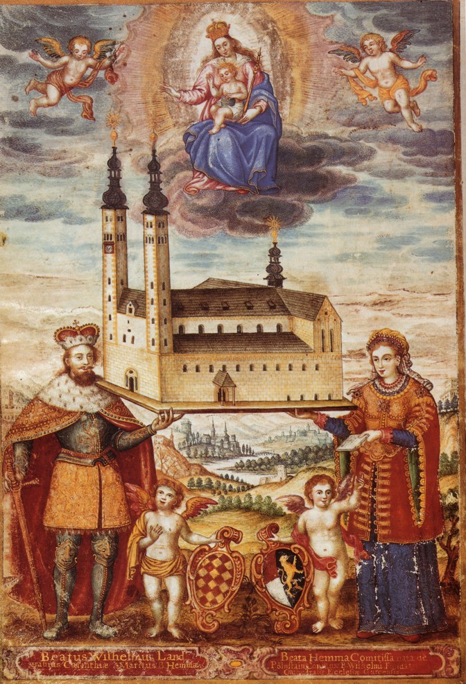 Wilhelm und Hemma mit dem Dom von Gurk, aus dem 'Verbrüderungsbuch des Gurker Domkapitels', 1685, im Kärntner Landesarchiv in Graz