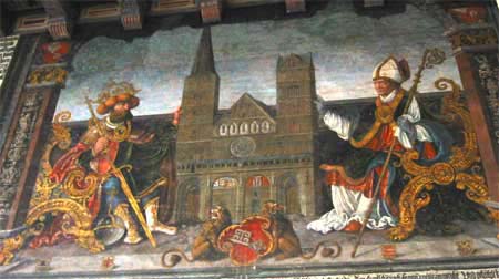 Wandgemälde in der Oberen Halle des Rathauses in Bremen: Karl der Große (links) und Willehad