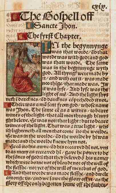 Tyndale's Bibelübersetzung - in seltener, kolorierter Auflage: Anfang des Johannes-Evangeliums. In der British Library in London