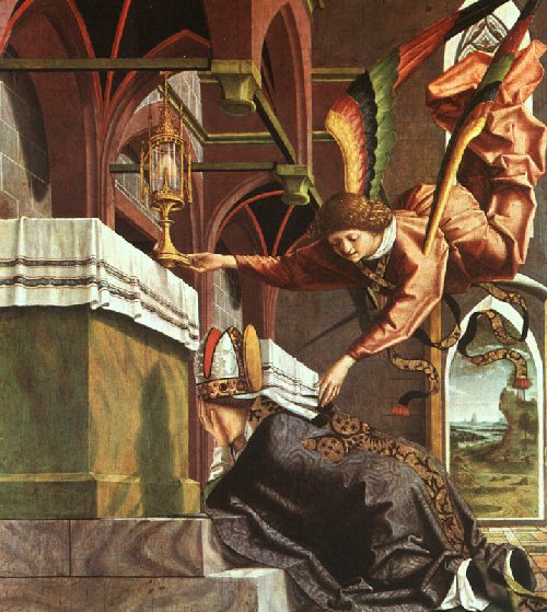 Michael Pacher: Wolfgang pedindo um milagre, detalhe, 1482-1483, Alte Pinakothek, em Munique