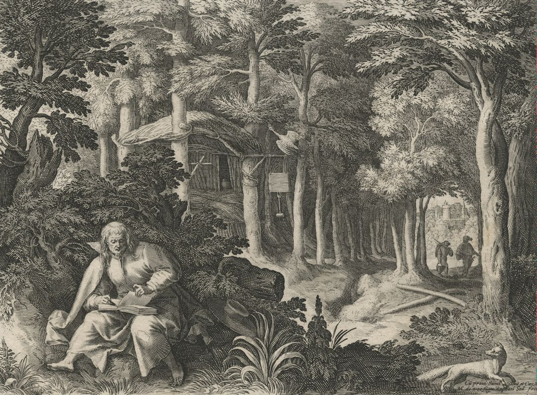 Raphaël Sadeler und Martin de Vos: Wulmar als Einsiedler, Radierung, um 1600, in der Bibliotheque Municipale in Lyon